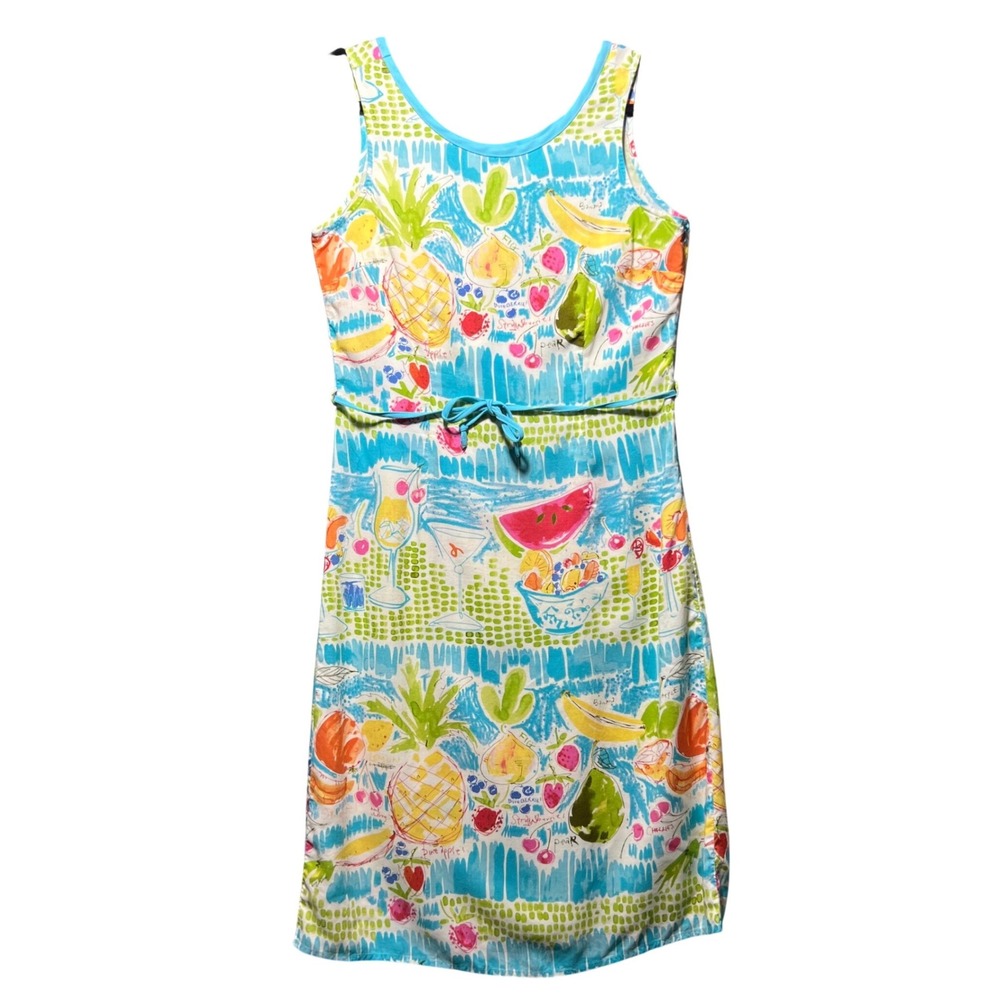 Weekend Clothes Line Fruit‎ Print Rayon Sleeveless Dress Small Blue Summer